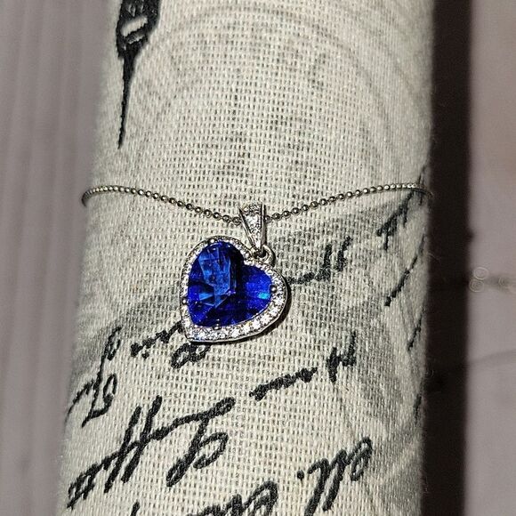 Blue Obsidian & Cubic Zirconia Platinum over 925 Silver Heart Pendant Necklace - Picture 2 of 13